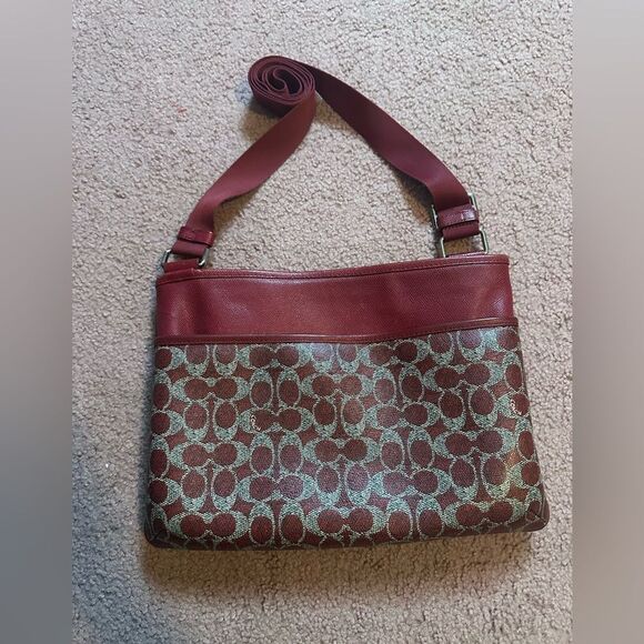 Coach Red/Grey Signature Coated Canvas and Leather crossbody Shoulder Dusty - Picture 2 of 11